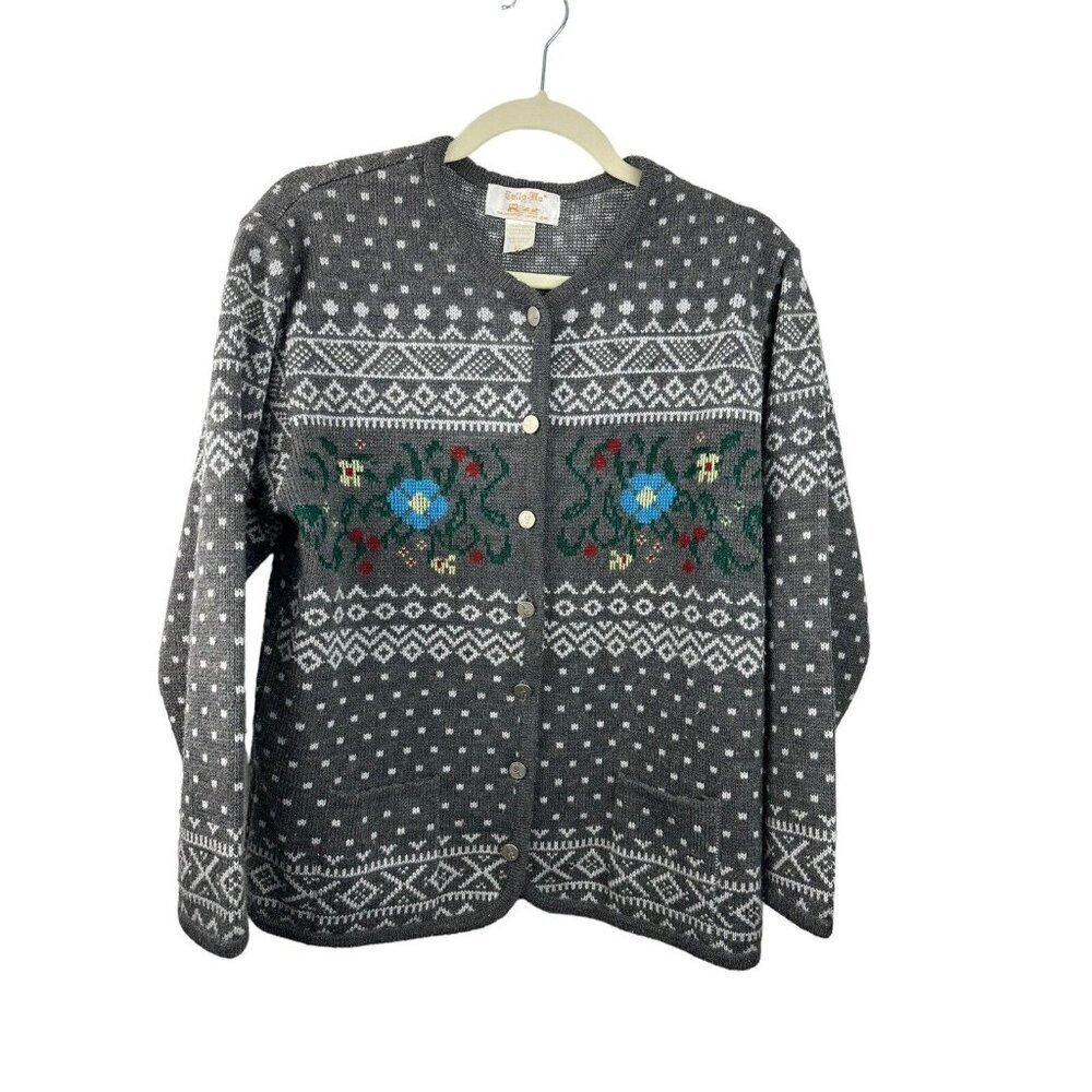 Tally Ho VTG Cardigan Sweater Acrylic Nordic Floral Button Up Sz M Womens